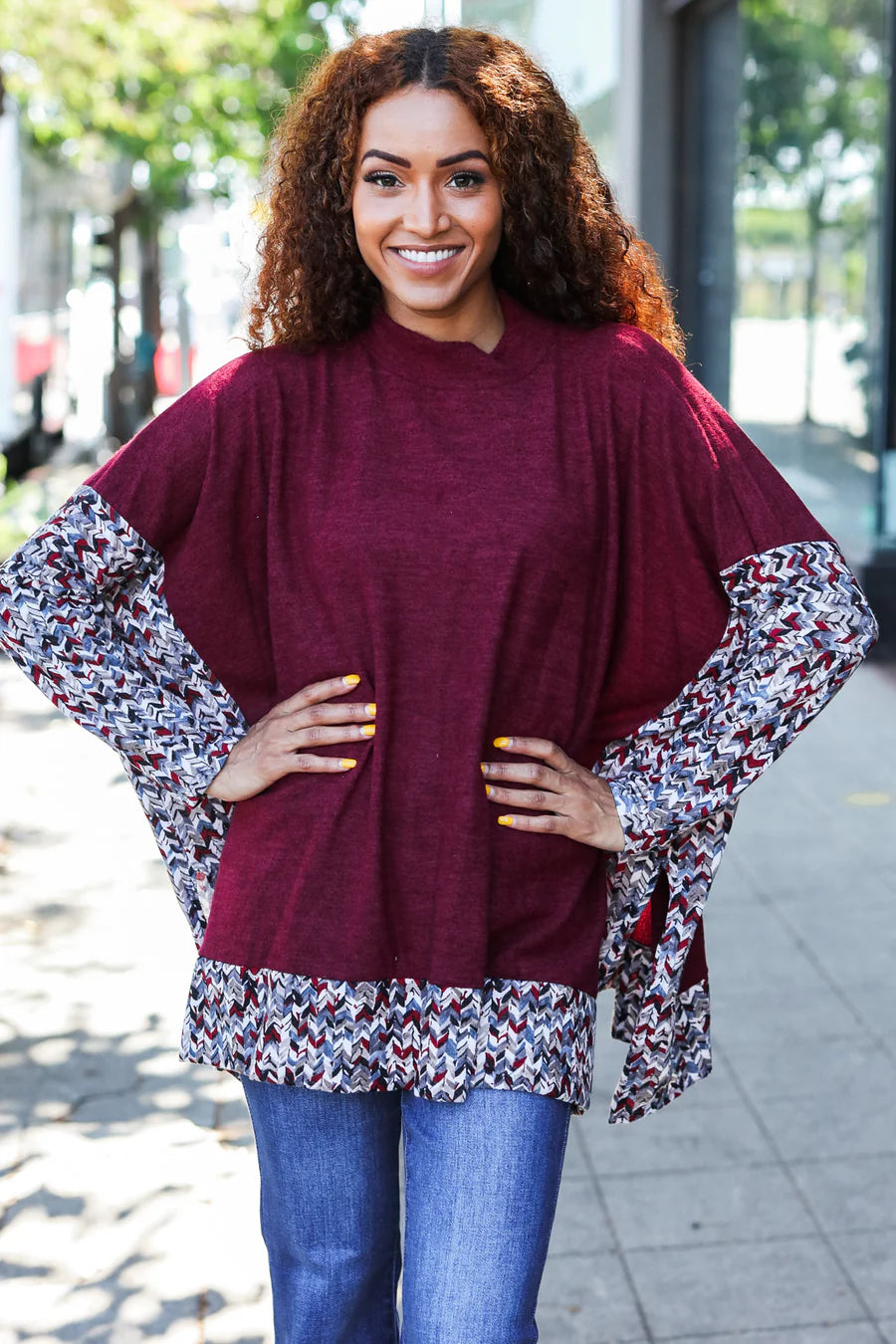 BURGUNDY PRINT DESIGN DOLMAN SWEATER TOP