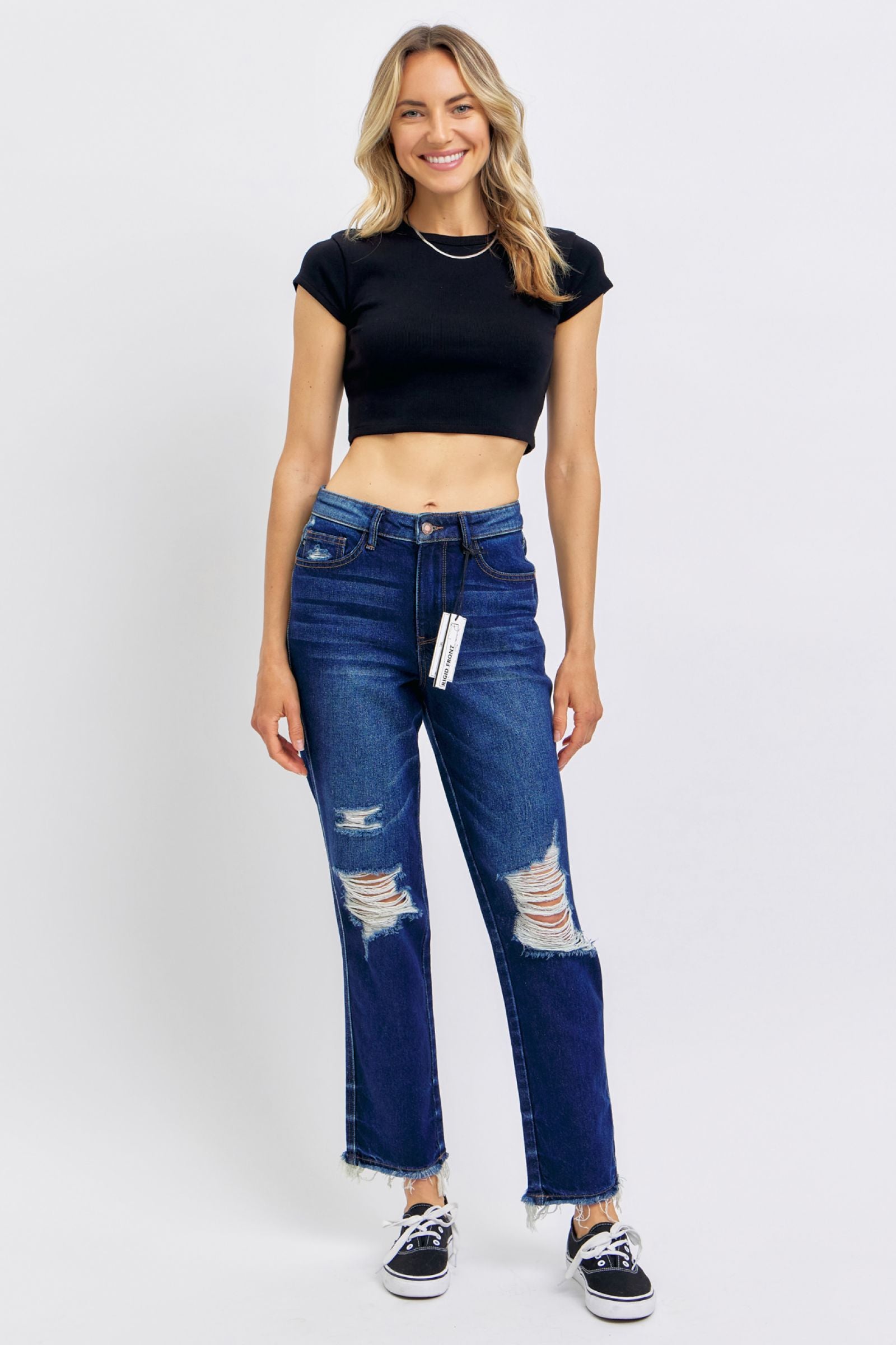 HIGH WAIST RIGID MAGIC HEAVY DESTROYED STRAIGHT DARKWASH JUDY BLUE DENIM