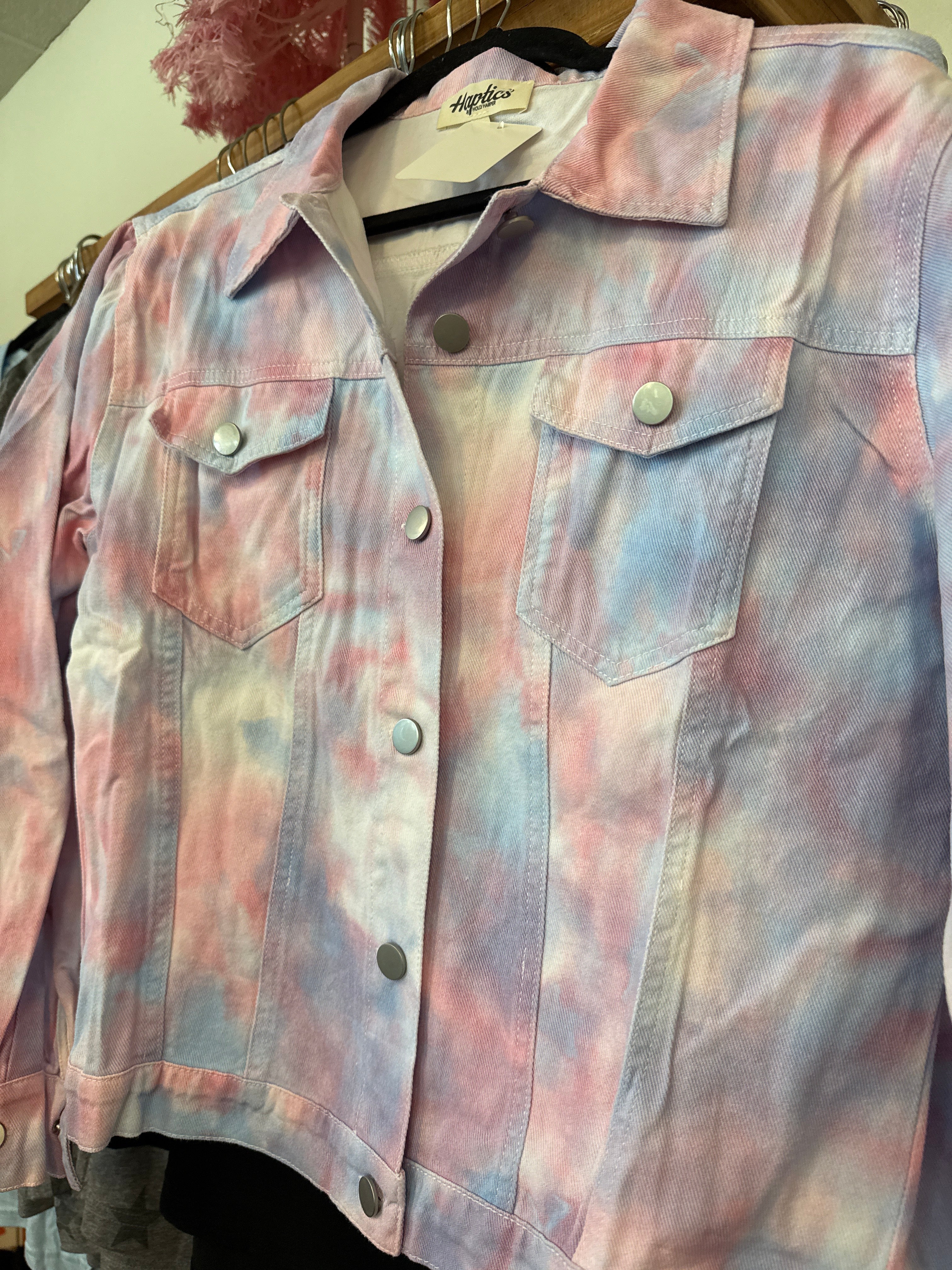 CLOUD TIE DYE WATERCOLOR PINK BLUE LILAC MIXED COLORS DENIM JACKET- SALE- SMALL AVAILABLE
