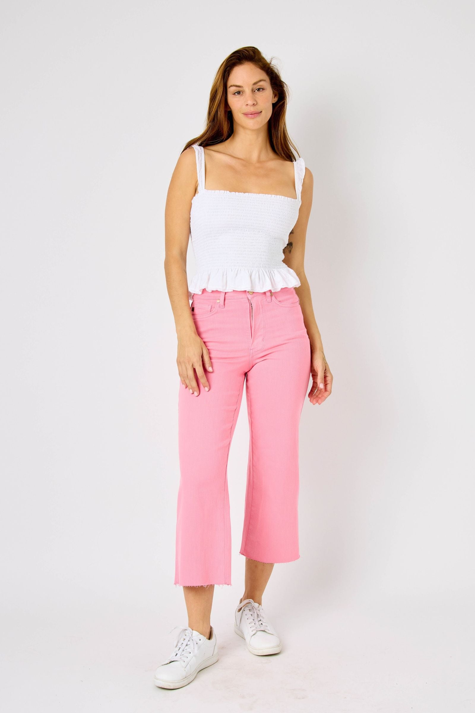 PINK HIGH WAIST GARMENT DYED TUMMY CONTROL CROPPED WIDE LEG JUDY BLUE DENIM- PLUS