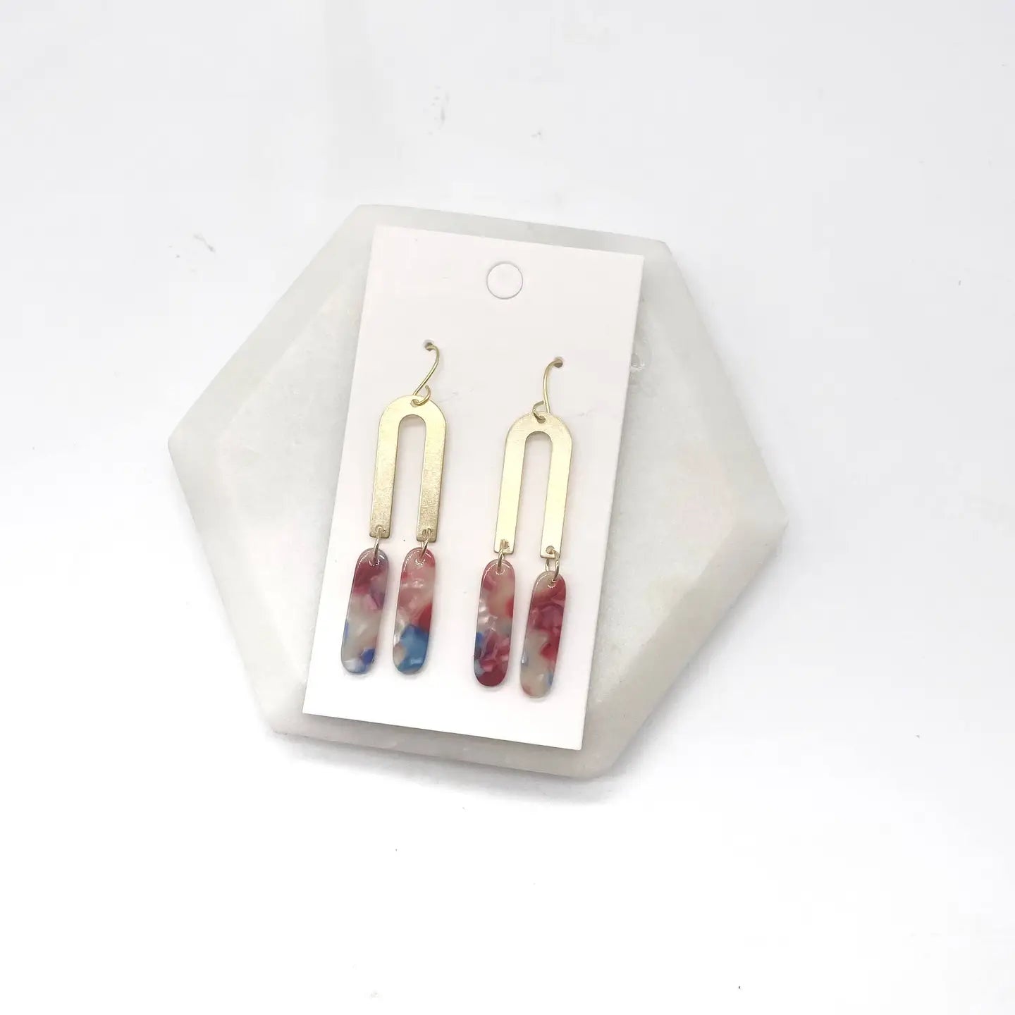 PINK CORAL BLUE ACRYLIC DANGLY GOLD OBLONGATED ARCH HANDMADE BBB EARRINGS