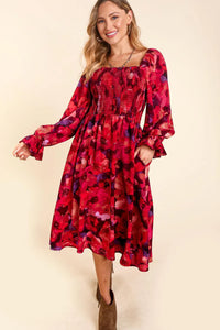 RED BLACK SMOCKED FIT & FLARE POCKETED FLOWY CHIFFON MIDI/MAXI DRESS-PLUS