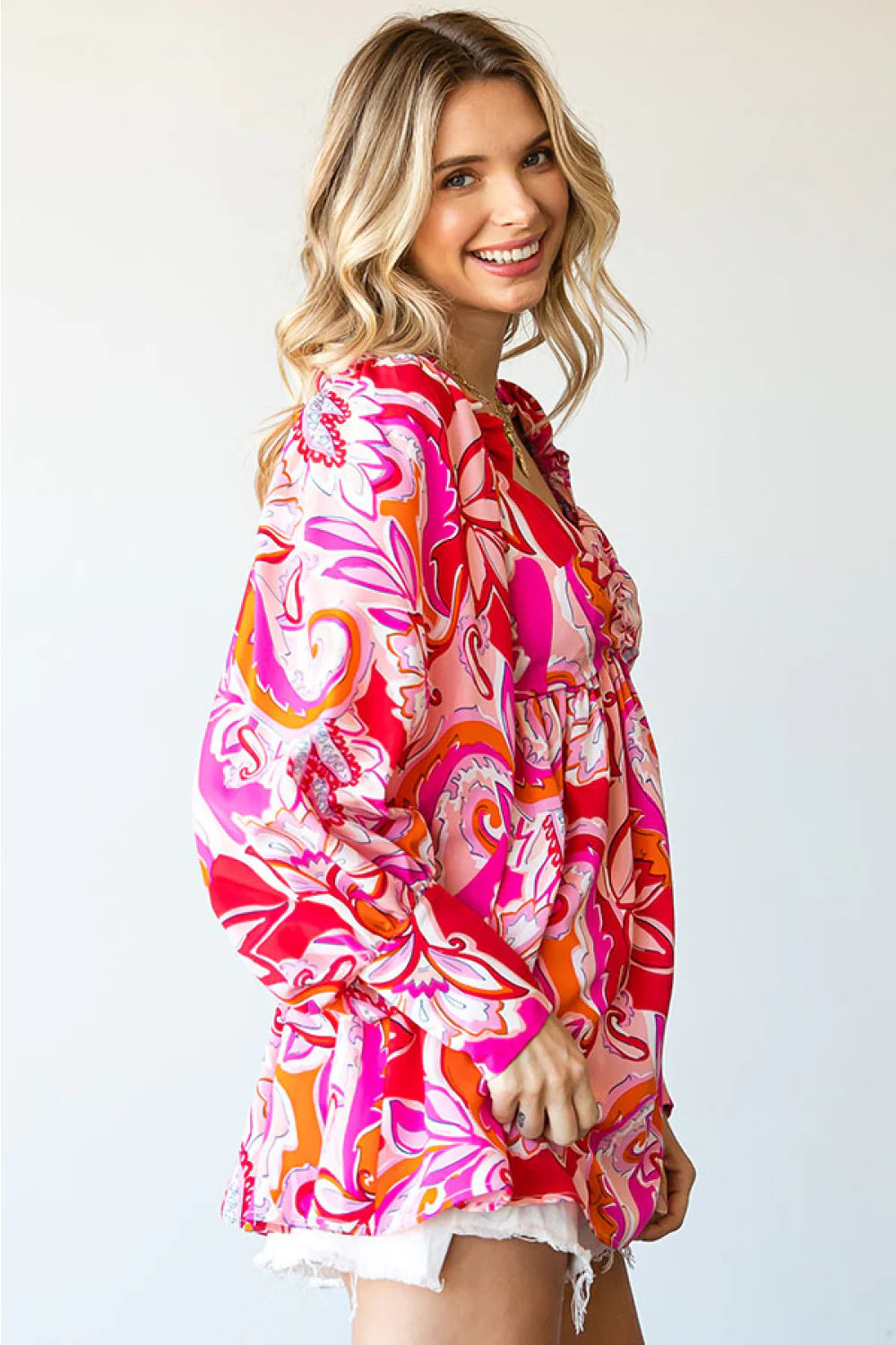 GROOVY RETRO PINK RED ORANGE FUCHSIA DESIGN BABYDOLL WOVEN TOP- SALE