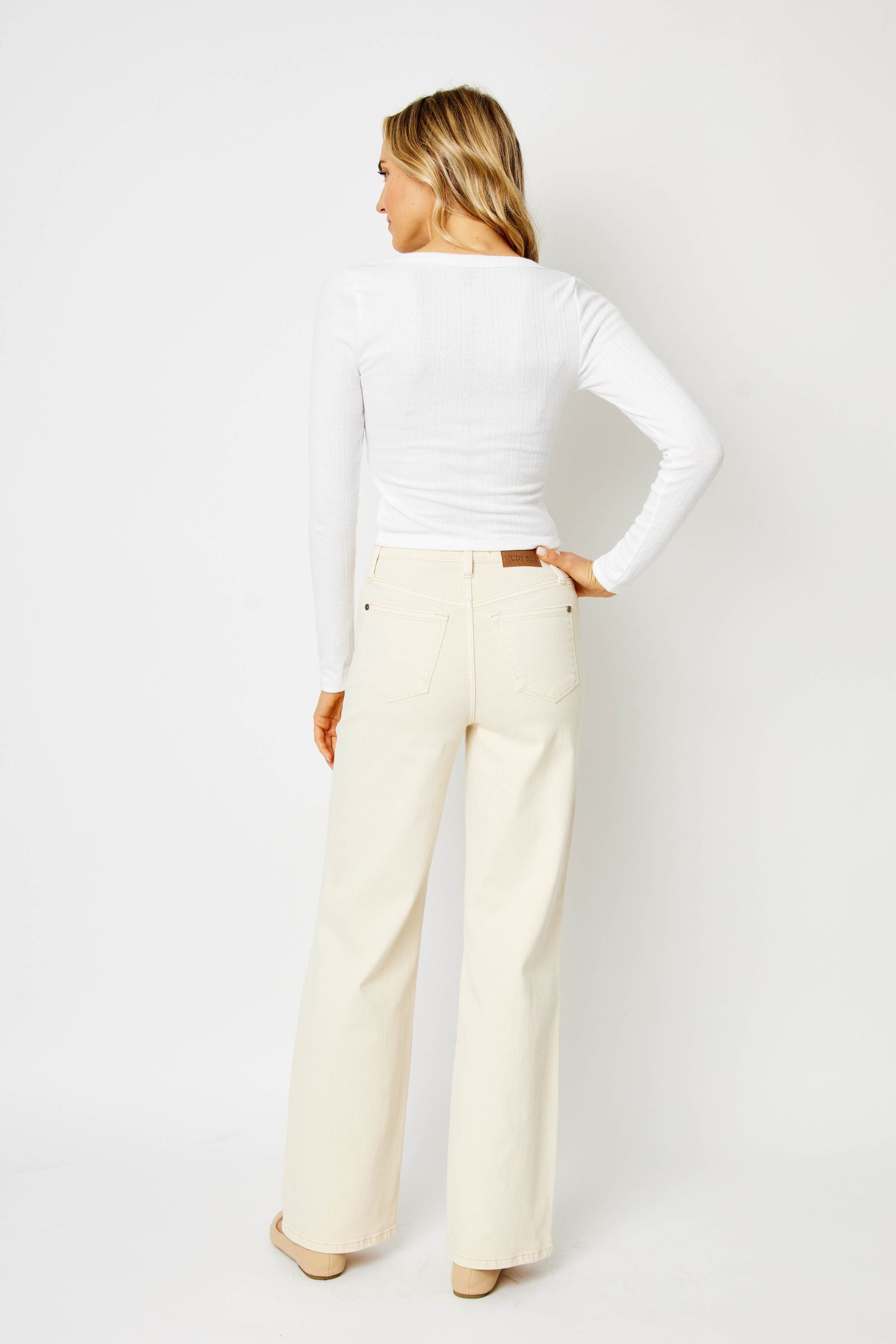 ECRU/OFF-WHITE HIGH WAIST GARMENT DYED CROCHET PATCHES WIDE LEG JUDY BLUE DENIM