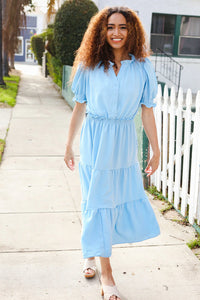 BABY BLUE PERIWINKLE FRILLY NOTCH NECK SHIRRED WAIST TIERED MAXI DRESS
