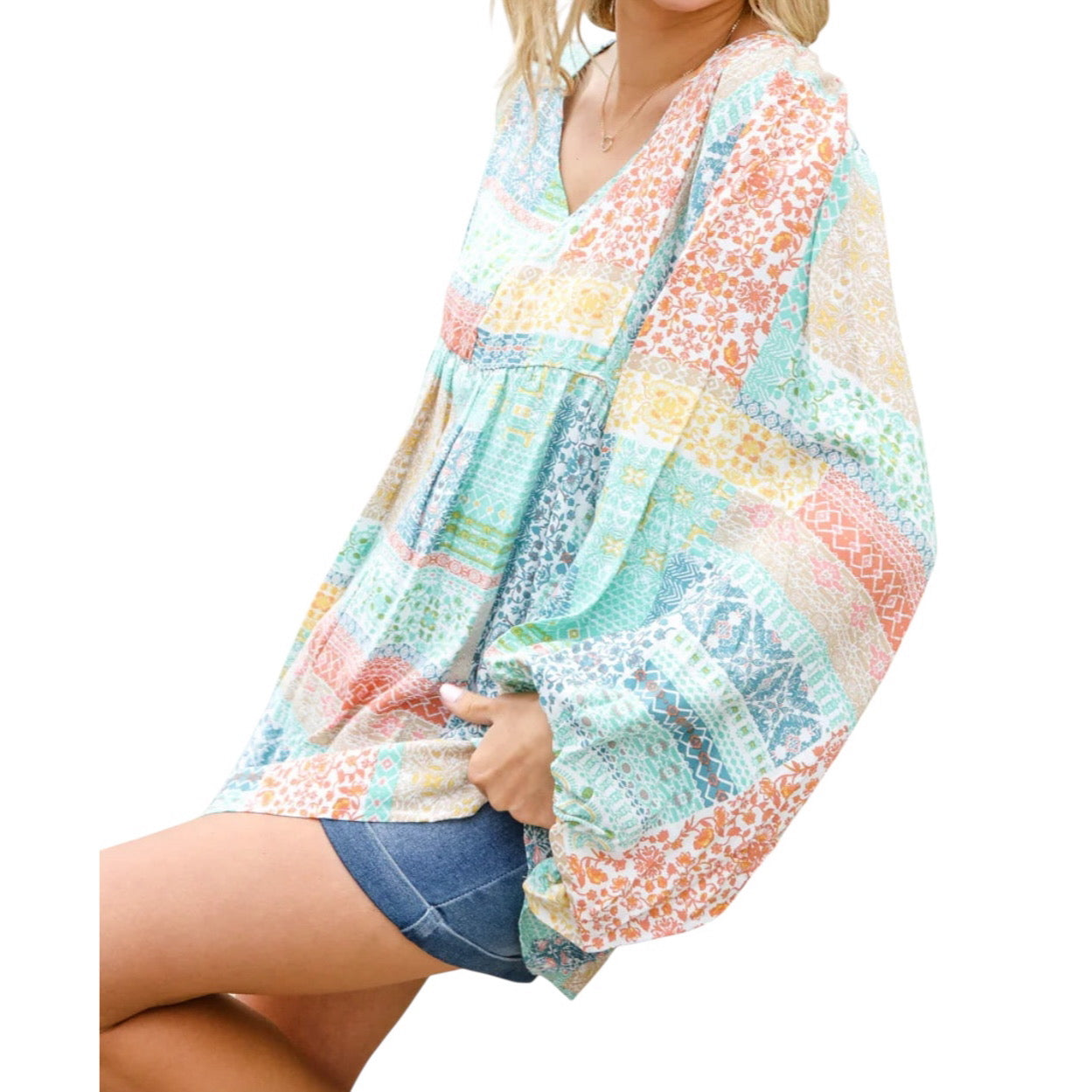 MINT PEACH BOHEMIAM PRINTED PATCHWORK 3/4 BUBBLE SLEEVE VNECK TOP- PLUS- SALE- 1X & 2X AVAILABLE