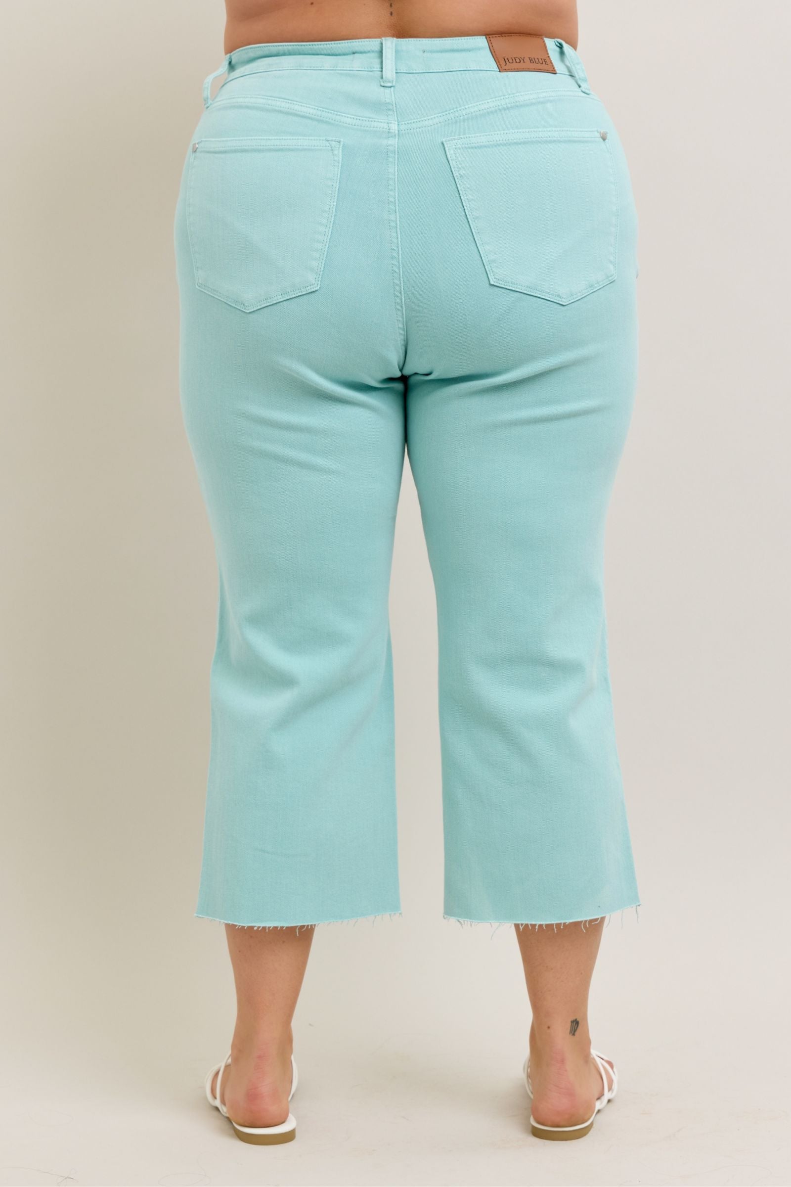 LIGHT BLUE SKY HIGH WAIST GARMENT DYED RAW HEM CROP WIDE LEG JUDY BLUE DENIM