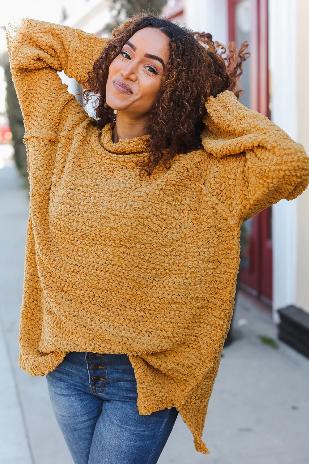 MUSTARD BUTTERSCOTCH THICK POPCORN COWL NECK SWEATER - PLUS