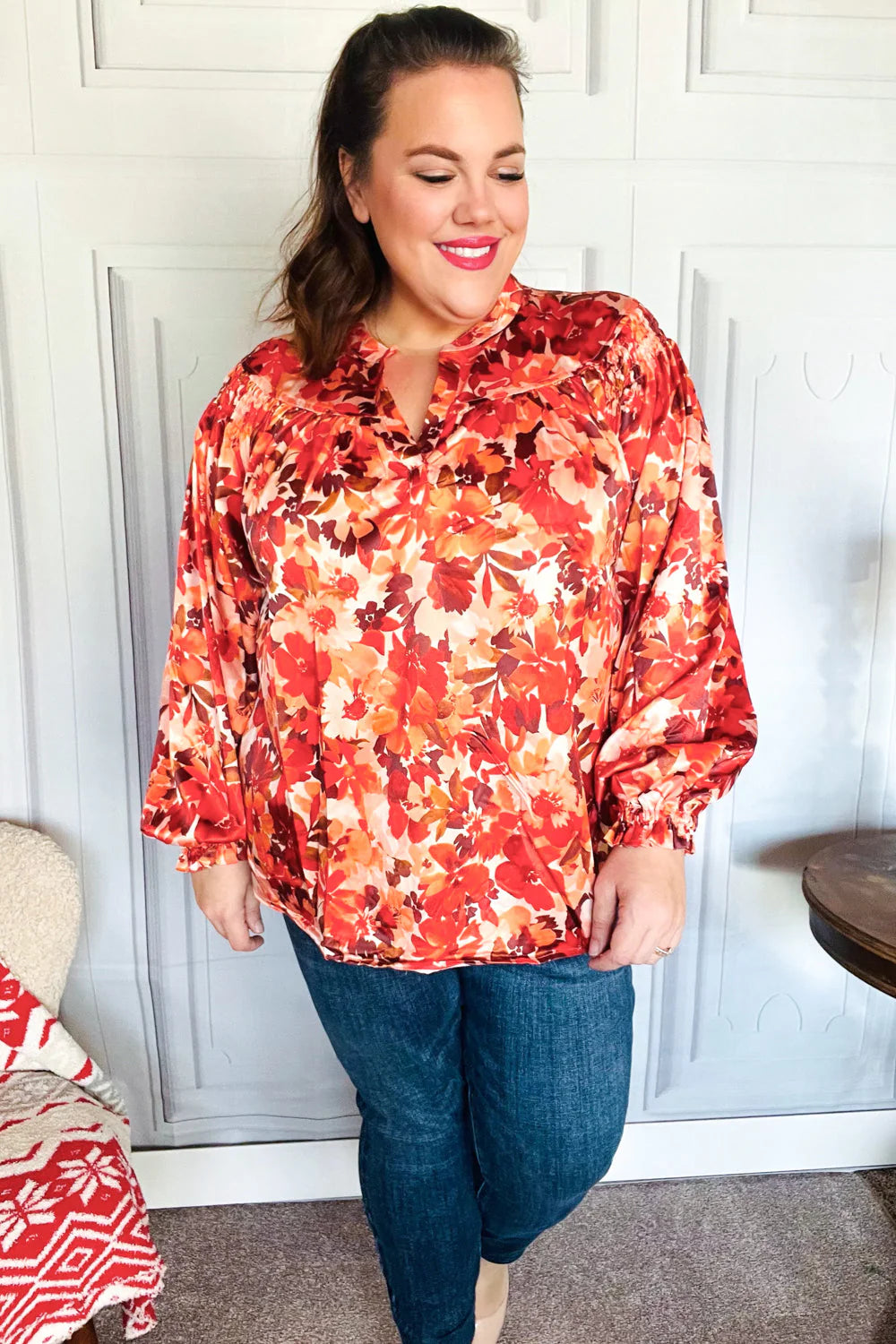 FALL VIBES RUST FLORAL PRINT NOTCHED NECK SMOCKED SATIN BLOUSE-PLUS