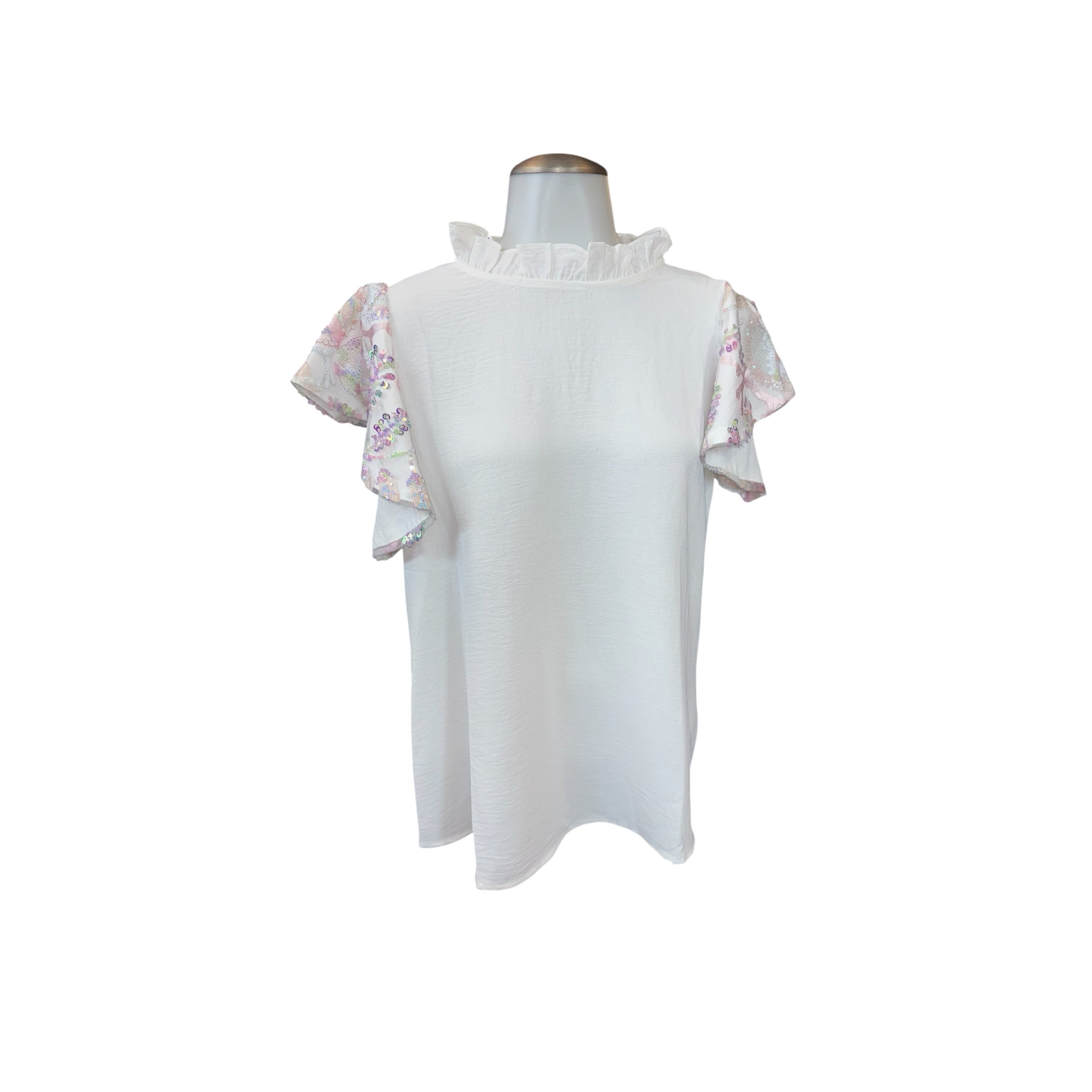 WHITE IRIDESCENT SEQUIN FLUTTER SLEEVE BLOUSE- SALE- MEDIUM & LARGE AVAILABLE