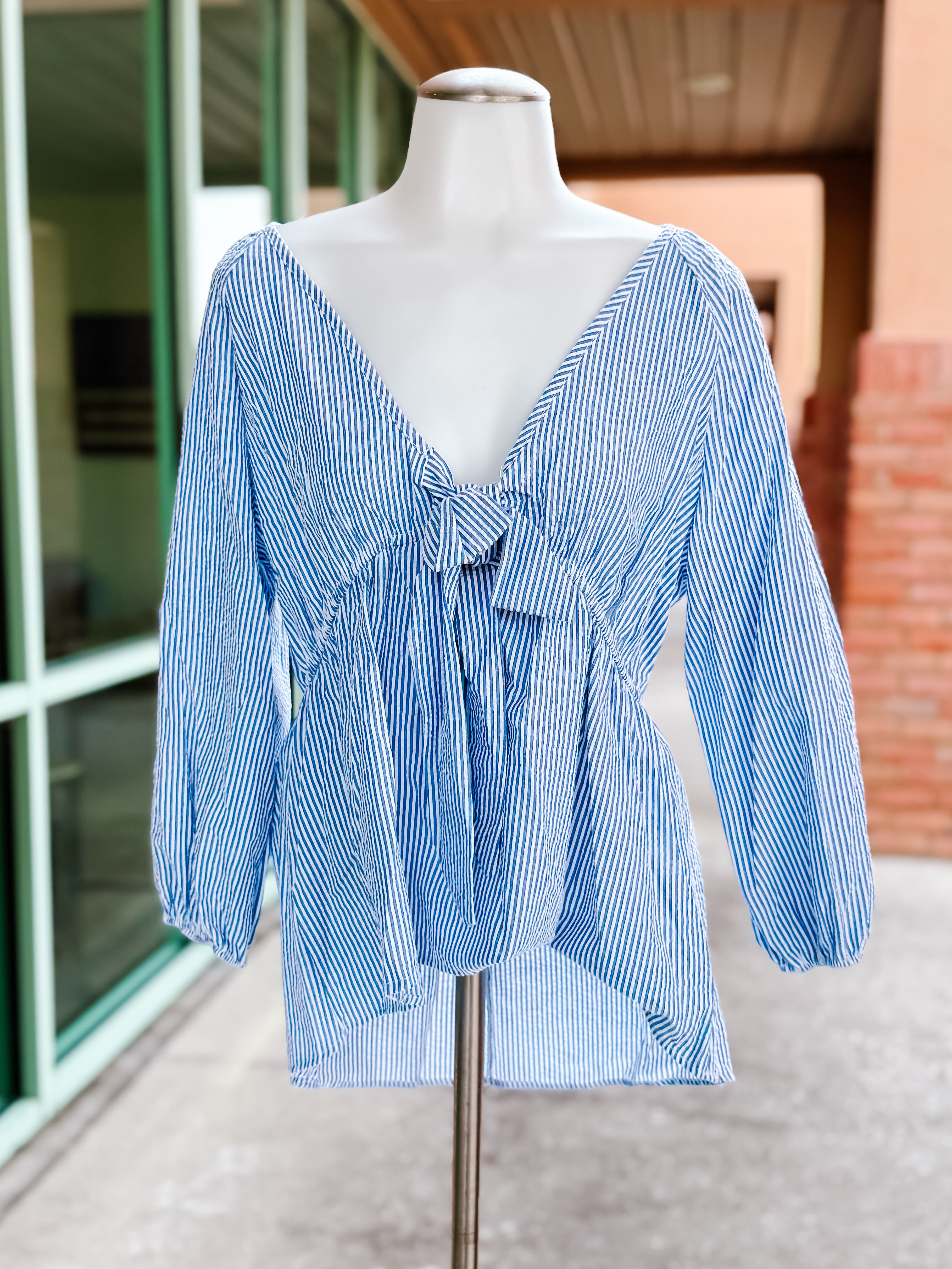 Seersucker Blue Striped Knotted Top- PLUS- SALE