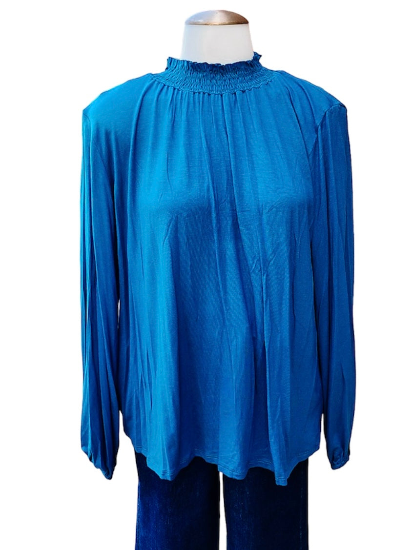 Teal Smocked Neck Long Sleeve Top-PLUS