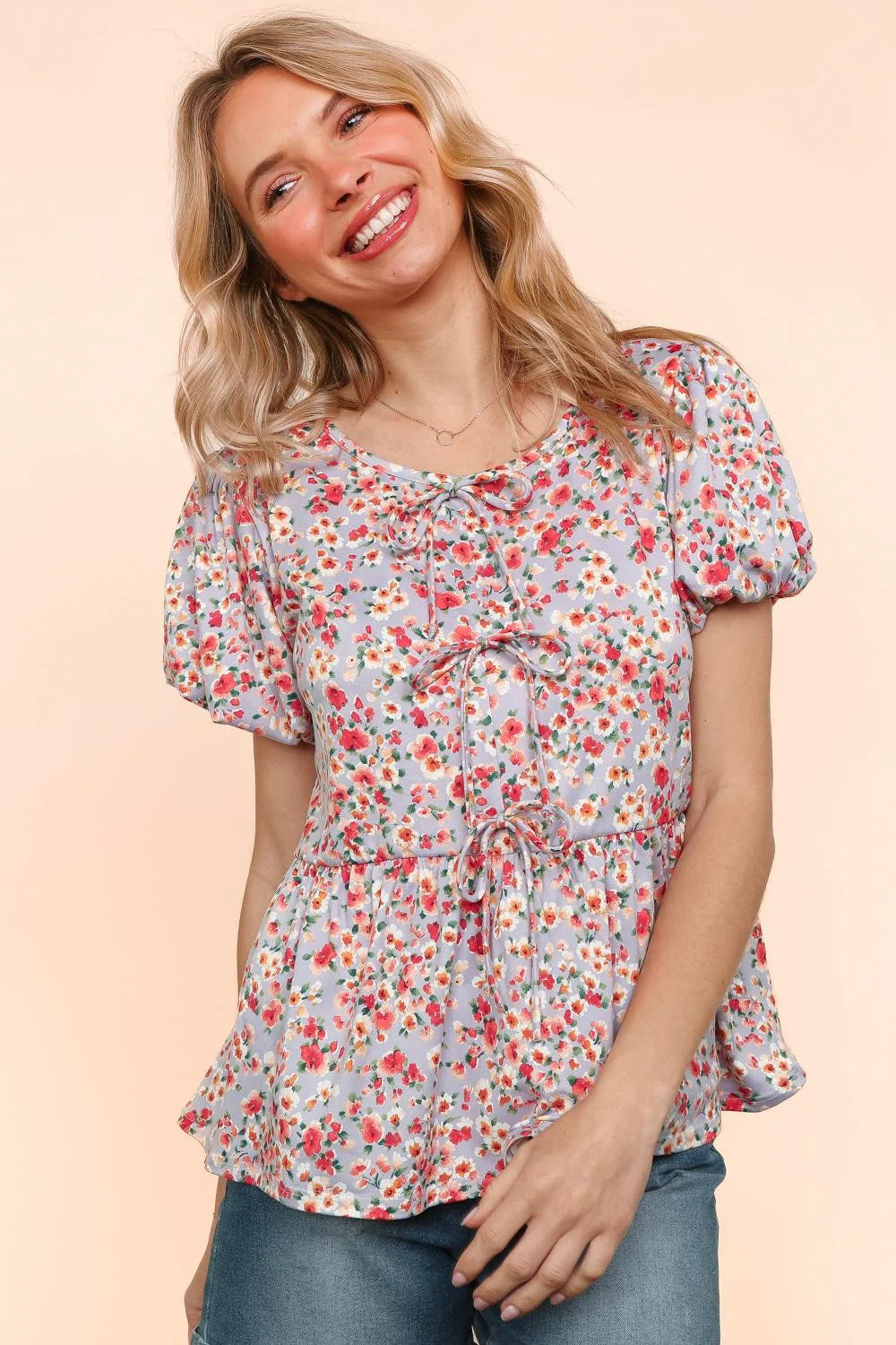 LAVENDER MULTI FLORAL FRONT RIBBONS BOW TIE BABYDOLL KNIT TOP