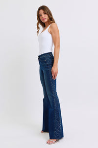 DARKWASH MID RISE RHINESTONE SIDE PANEL DETAIL FLARE JUDY BLUE DENIM-PLUS
