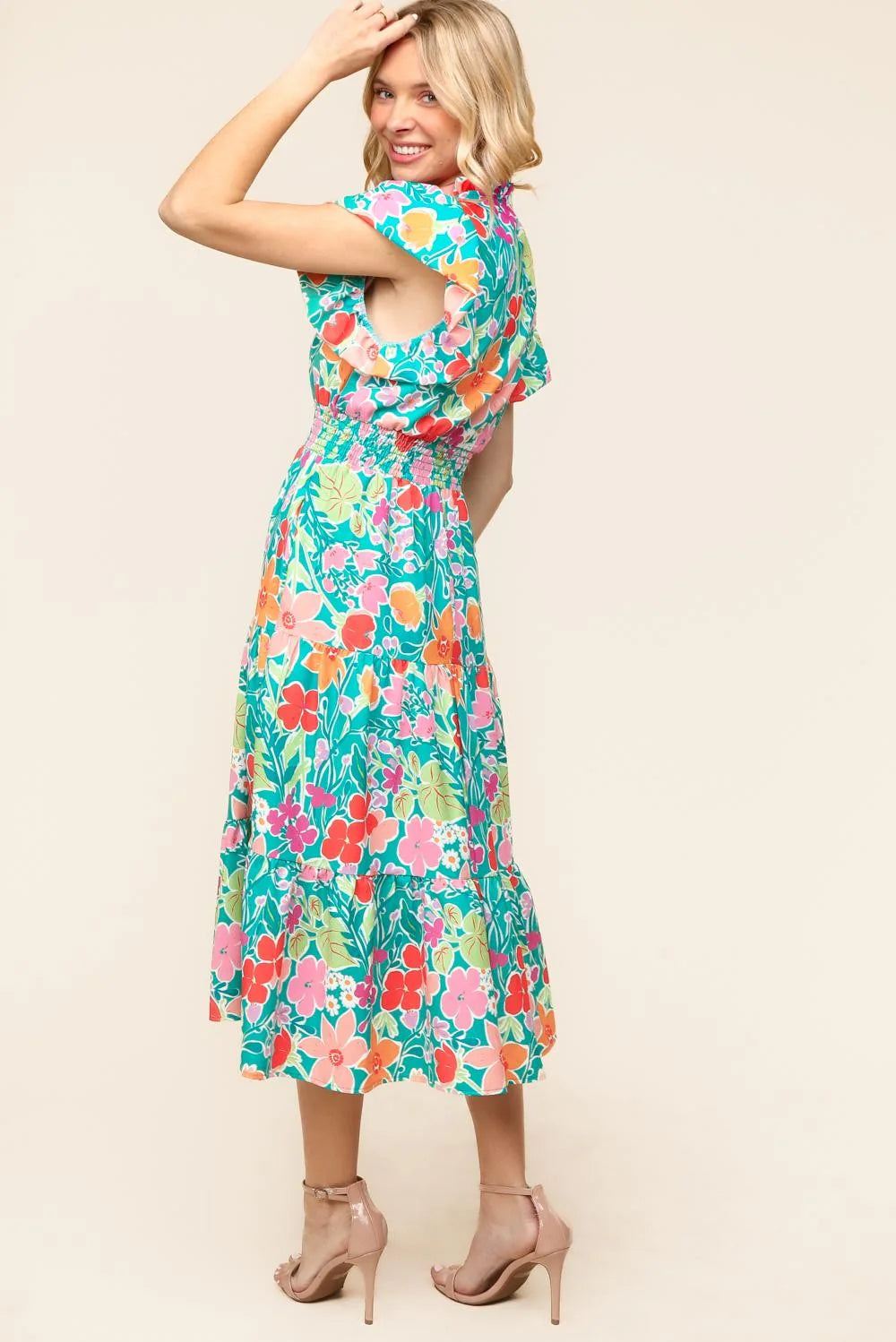 AQUA MINT BLUE CORAL PINK BRIGHT-MULTI MIDI LENGTH FLORAL PRINT SMOCKED WAIST DRESS