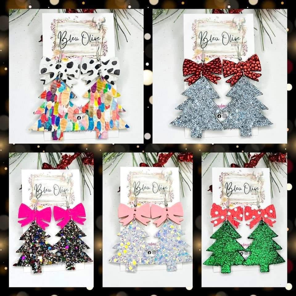 GLITZ & GLAM CHRISTMAS TREE BOW RIBBON TOPPER LIGHTWEIGHT LEATHER DANGLY HANDMADE EARRINGS BY B.O.D