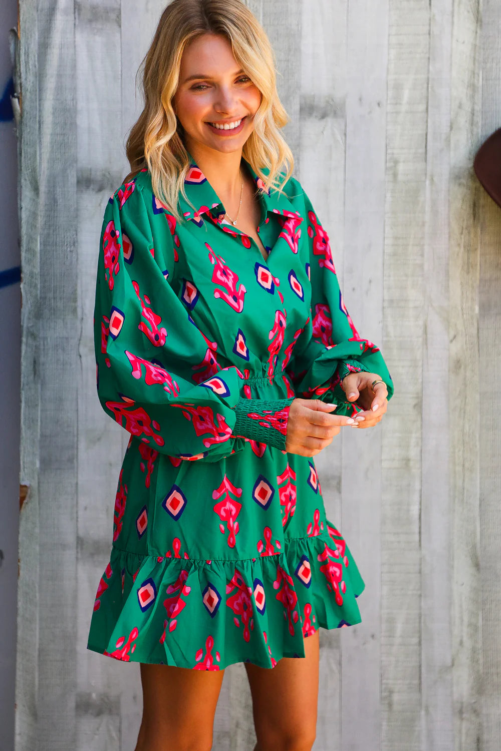 ROYAL GREEN PINK MULTI AZTEC TRIBAL SMOCKED CUFF SLEEVES LONGSLEEVE DRESS