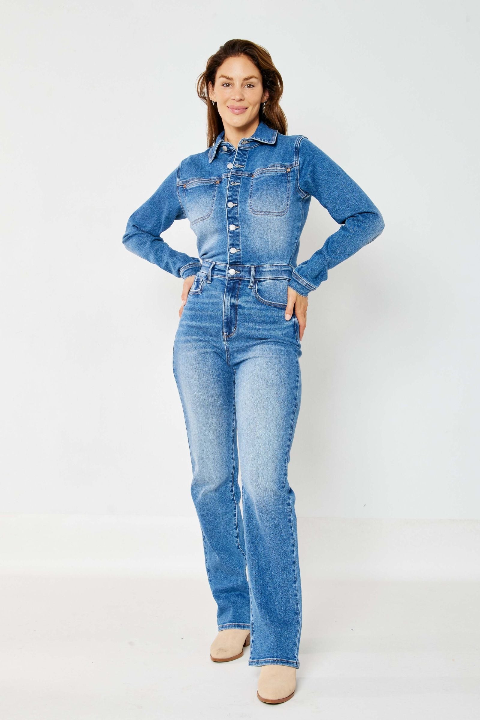 Judy Blue Medium Wash High Waist Denim Long Sleeve Jumpsuit Slim Straight