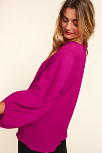 MAGENTA WOVEN SOLID WOVEN 3/4 SLEEVE HI LOW BUBBLE SLEEVE TOP