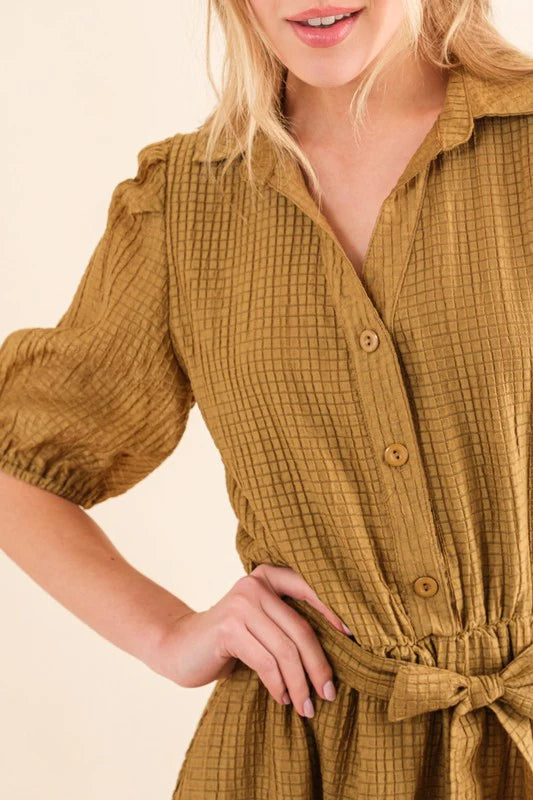 MARIGOLD TEXTURED LINED MIDI WAIST TIE DRESS-PLUS