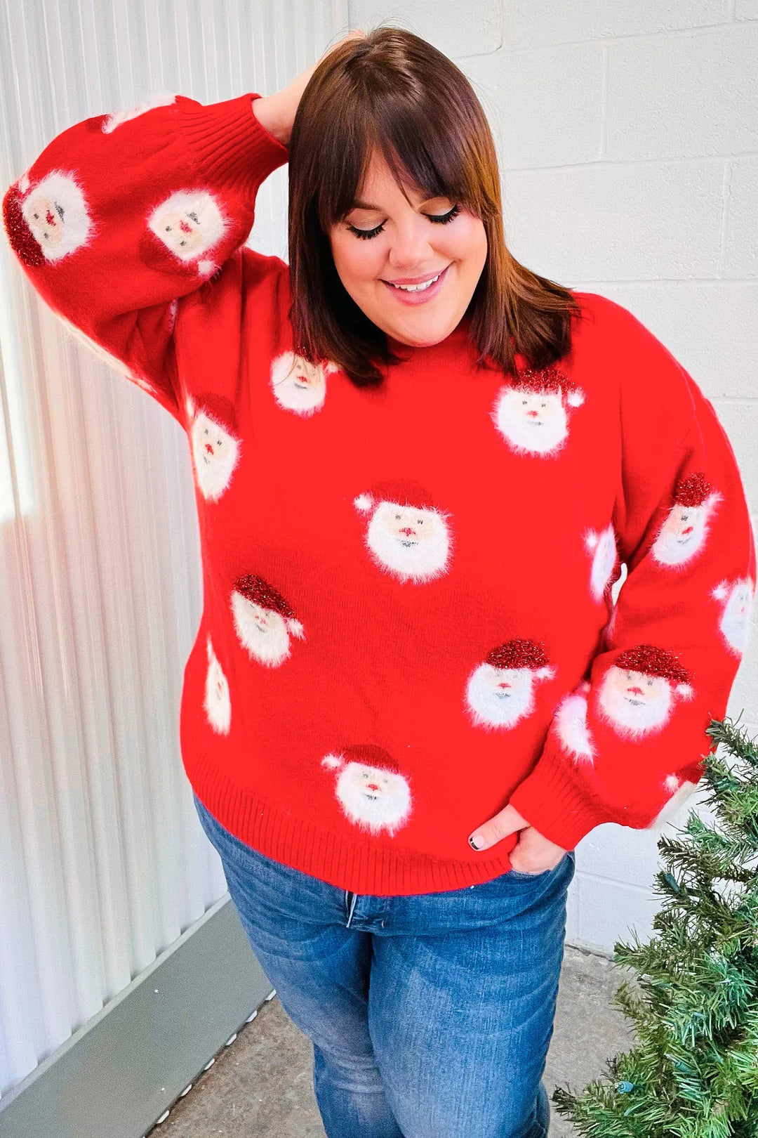 SANTA RED FURRY FUZZY SPARKLY SWEATER FOR CHRISTMAS-PLUS