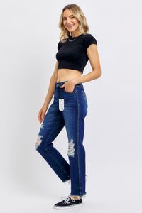 HIGH WAIST RIGID MAGIC HEAVY DESTROYED STRAIGHT DARKWASH JUDY BLUE DENIM-PLUS