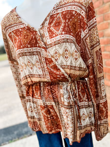 Rust Aztec Peplum Flare Longsleeve Top-PLUS