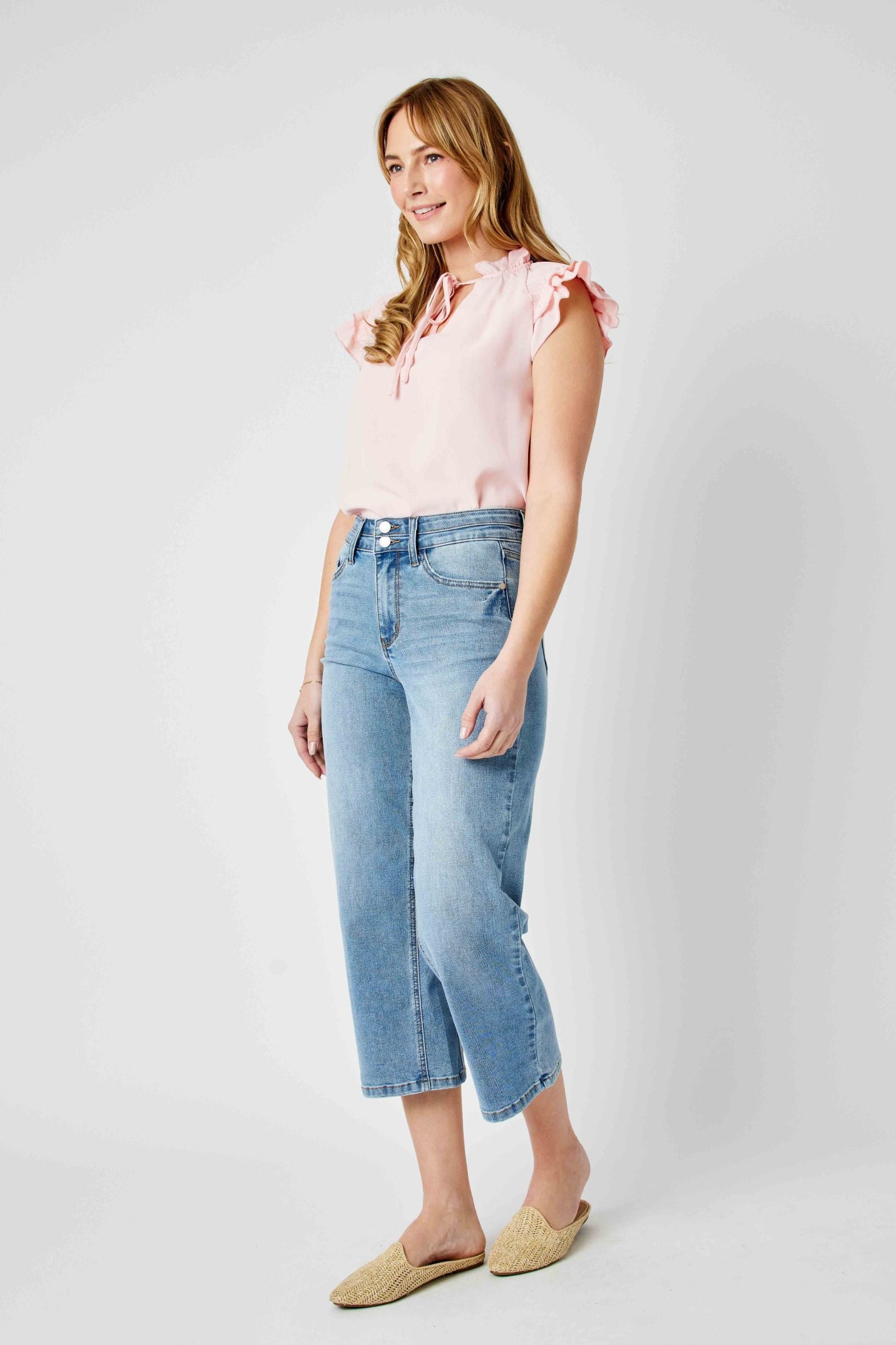 MEDIUM WASH HIGH WAIST DOUBLE WAISTBAND CROPPED WIDE LEG JUDY BLUE DENIM-PLUS