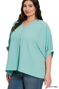 DUSTY TEAL WOVEN AIRFLOW V-NECK PUFF HALF SLEEVE TOP -PLUS