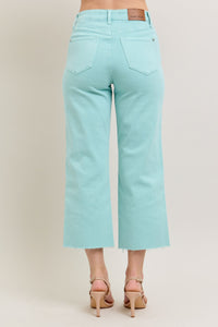LIGHT BLUE SKY HIGH WAIST GARMENT DYED RAW HEM CROP WIDE LEG JUDY BLUE DENIM-PLUS