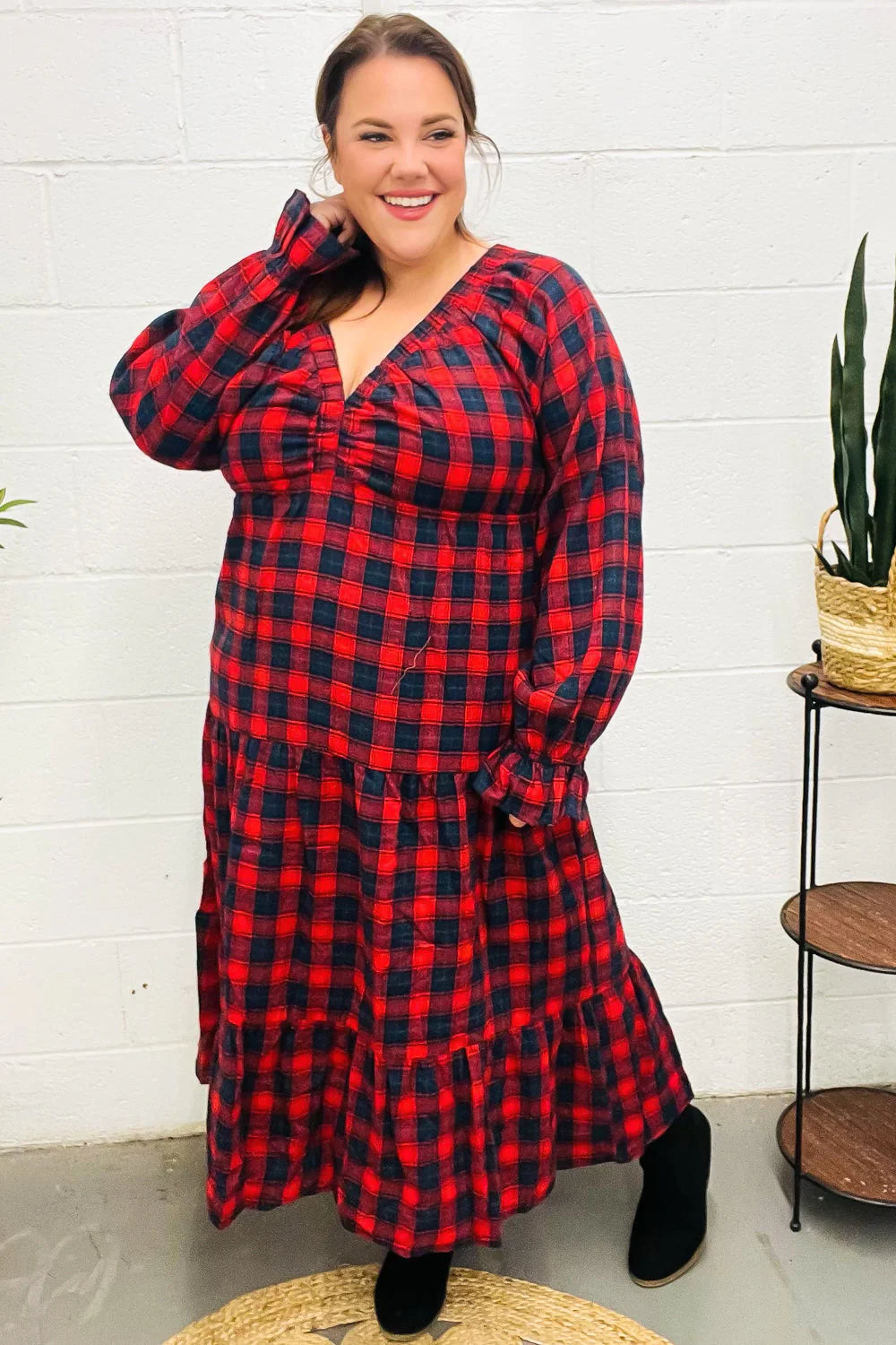 CHRISTMAS PLAID RUFFLE VNECK ELASTIC WAIST MAXI DRESS