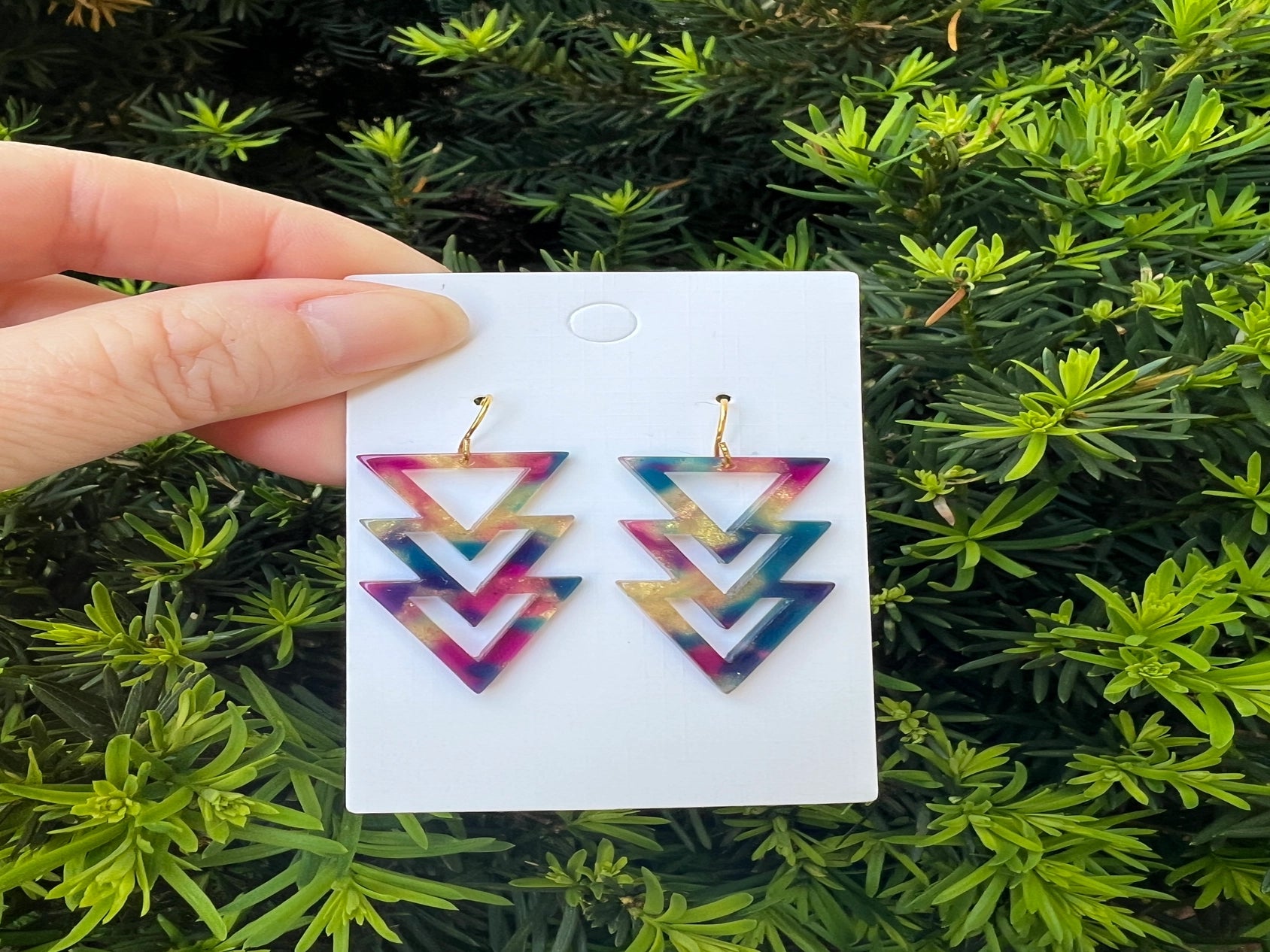 FALL TRIPLE TRIANGLE ACRYLIC STATEMENT HANDMADE BBB EARRINGS