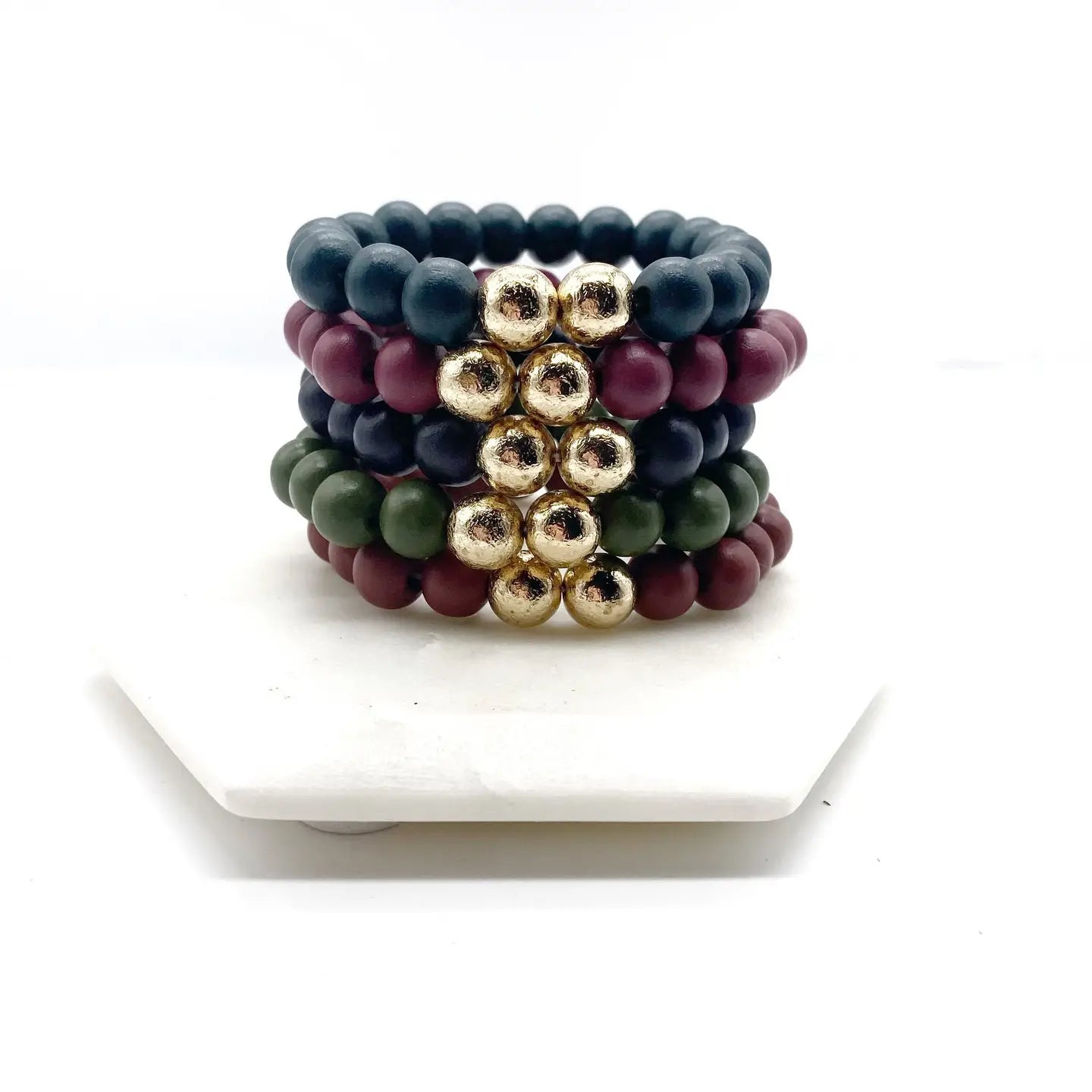 FALL WOOD BEADED STRETCH BRACELET SET OF 5 HANDMADE BY BBB