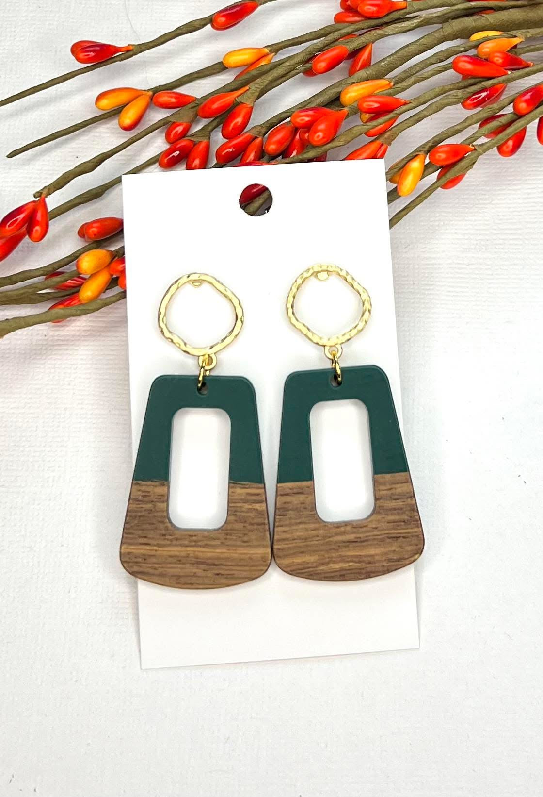 HUNTER GREEN & WOOD RECTANGLES WITH GOLD CIRCLES HARDWARE HANDMADE EARRINGS BY B.O.D