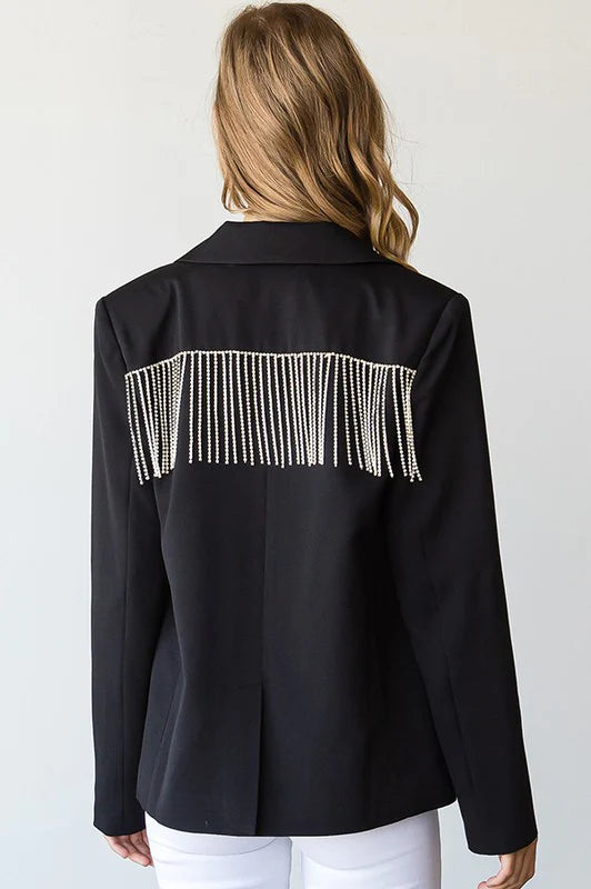 BLACK JEWELED TASSEL FRINGE LINED BUTTON HOLIDAY BEDAZZLED BLAZER