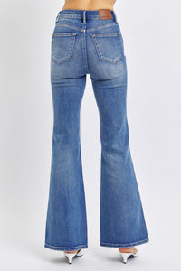 HIGH WAIST DARKWASH TUMMY CONTROL CONTRAST WASH FLARE JUDY BLUE DENIM-PLUS