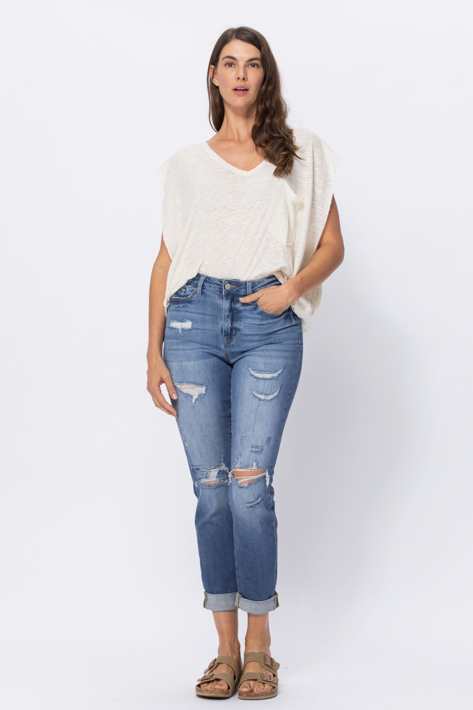 LIGHT WASH HIGH WAIST CUFFED BOYFRIED WITH DESTROY JUDY BLUE DENIM-PLUS