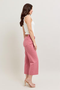 ROSE HIGH WAIST GARMENT DYED RAW HEM CROP WIDE LEG JUDY BLUE DENIM-PLUS
