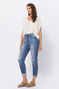 LIGHT WASH HIGH WAIST CUFFED BOYFRIED WITH DESTROY JUDY BLUE DENIM-PLUS