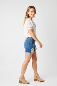 MID RISE MEDIUM WASH JUDY BLUE DENIM DESTROYED FRAY HEM SHORTS-PLUS