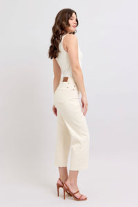 ECRU CROP WIDE LEG GARMENT DYED HIGH WAIST OFF WHITE/IVORY JUDY BLUE DENIM-PLUS