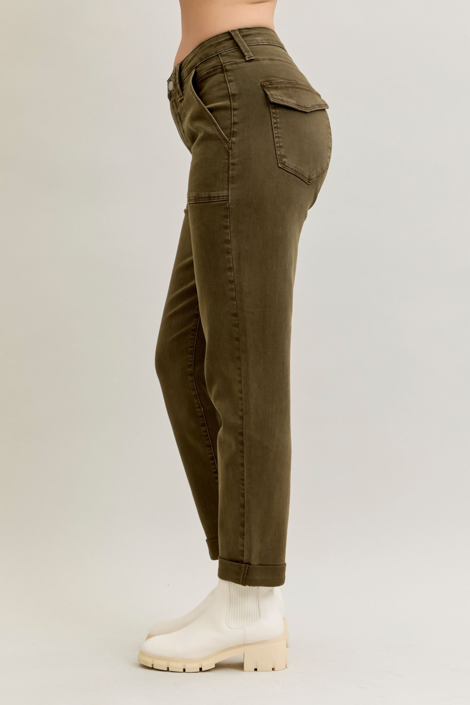 DARK FOREST GREEN HIGH WAIST AURORA WEEKENDER GARMENT DYED CUFFED JUDY BLUE DENIM-PLUS