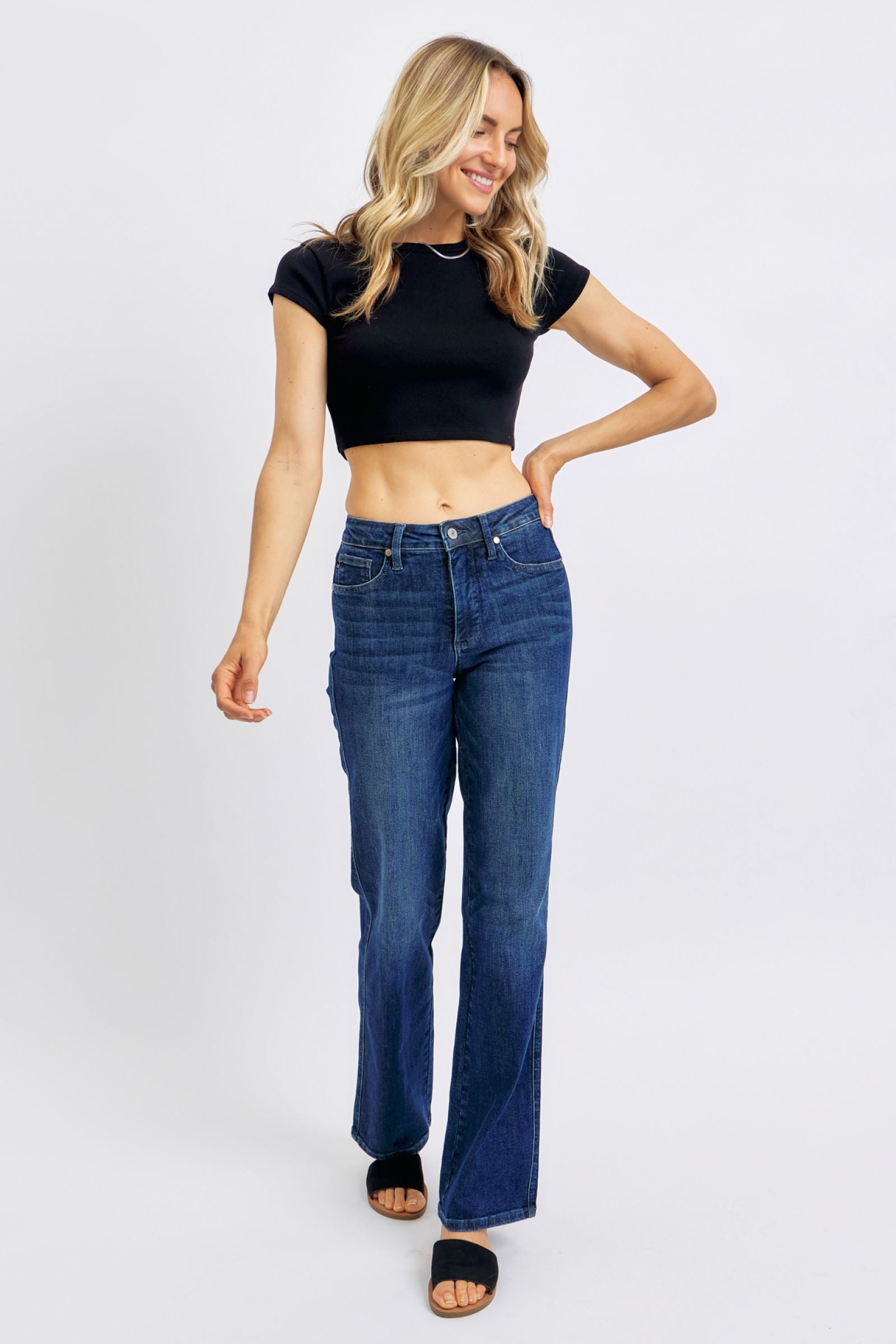 JUDY BLUE MID RISE TUMMY CONTROL CLASSIC STRAIGHT DARKWASH DENIM