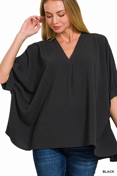 BLACK WOVEN AIRFLOW V-NECK PUFF HALF SLEEVE TOP- PLUS- SALE
