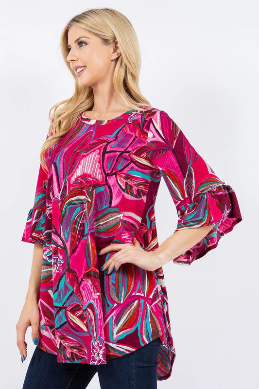 MAGENTA TEAL ABSTRACT PRINT BELL SLEEVE TOP-PLUS