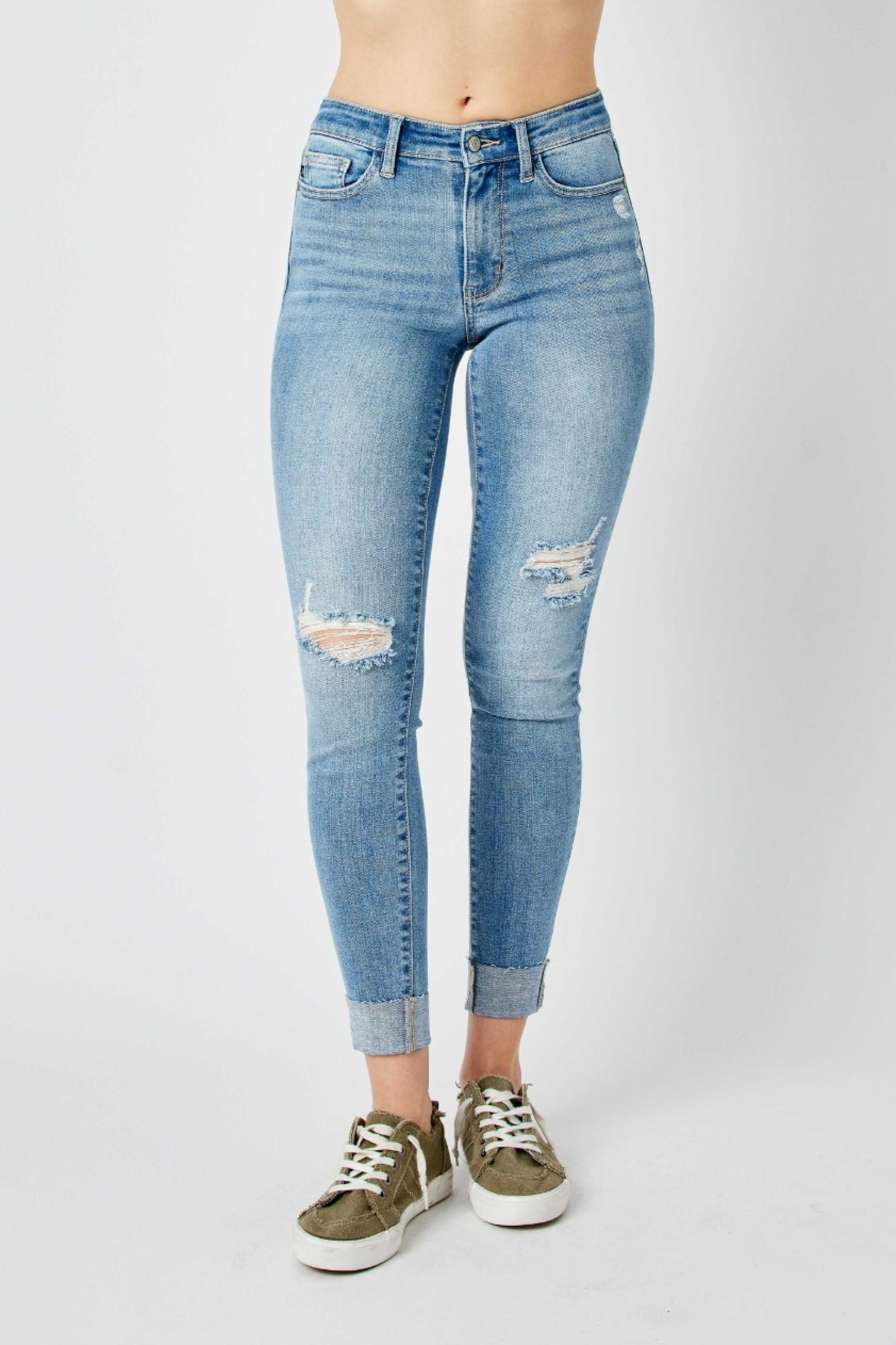 SKINNY MEDIUM WASH MID RISE DESTROYED CUFFED JUDY BLUE DENIM