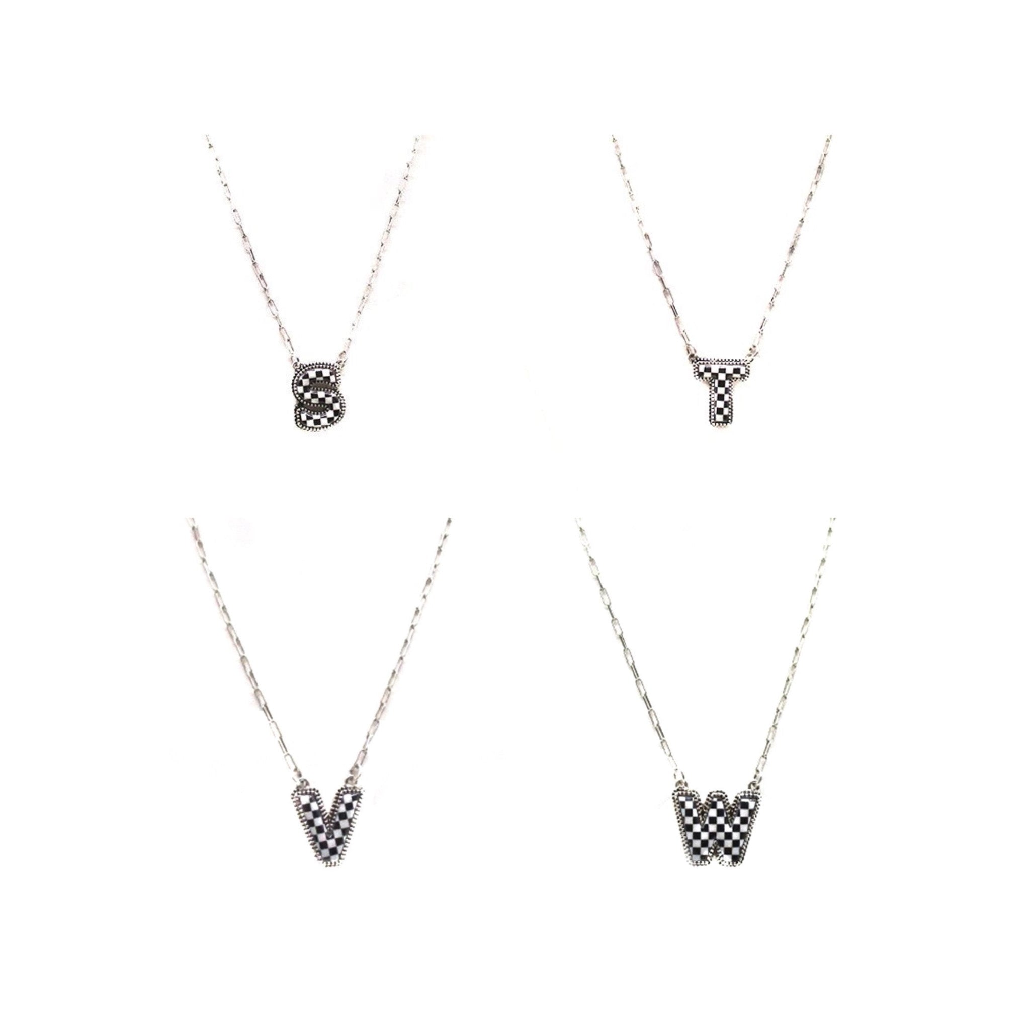 CHECKERED BUBBLE INITIAL BLACK & WHITE ON SILVER CHAIN WITH 18" + 3" EXTENDER NECKLACE