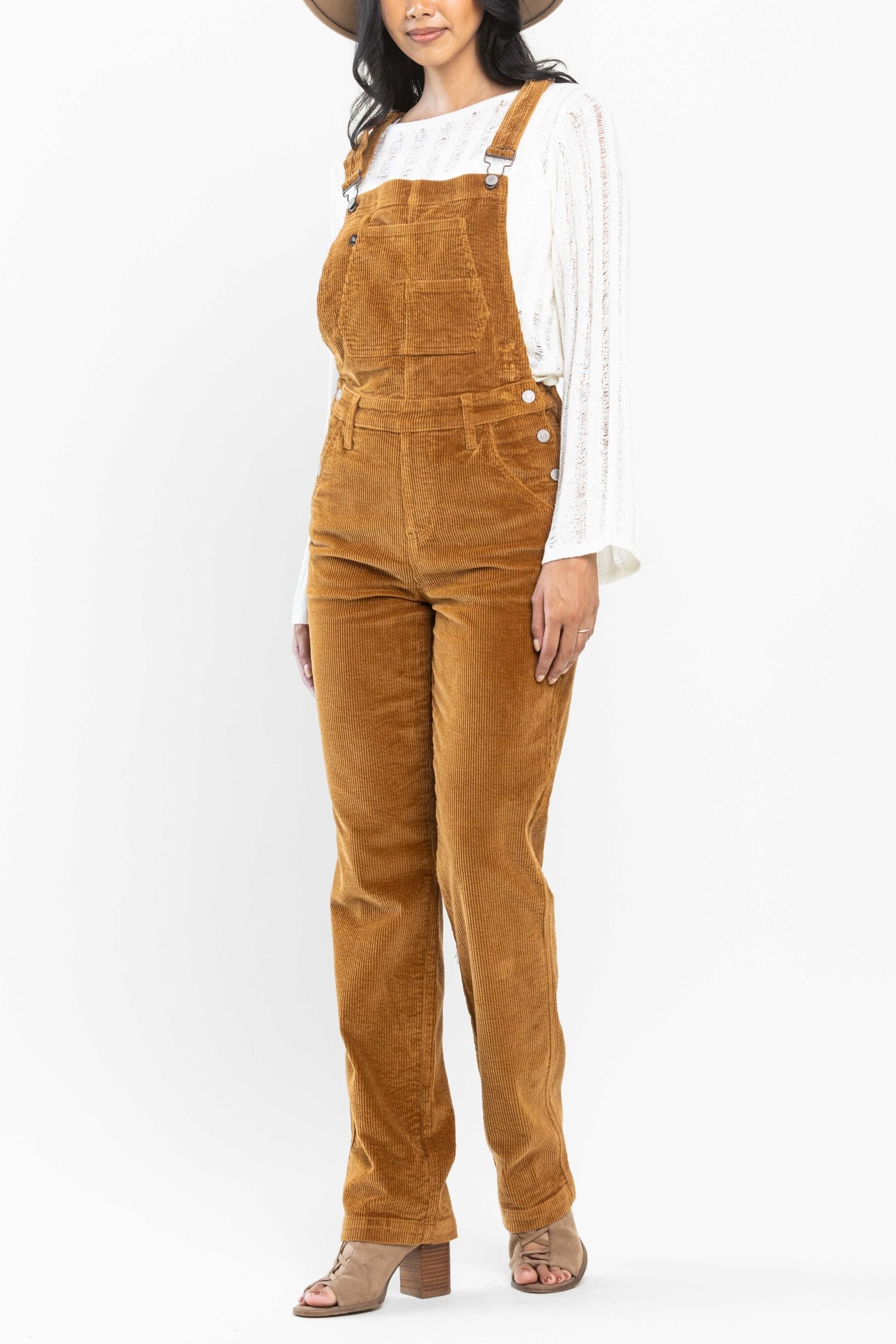 High Waist Camel Over Dyed Corduroy Overalls Straight Fit Judy Blue