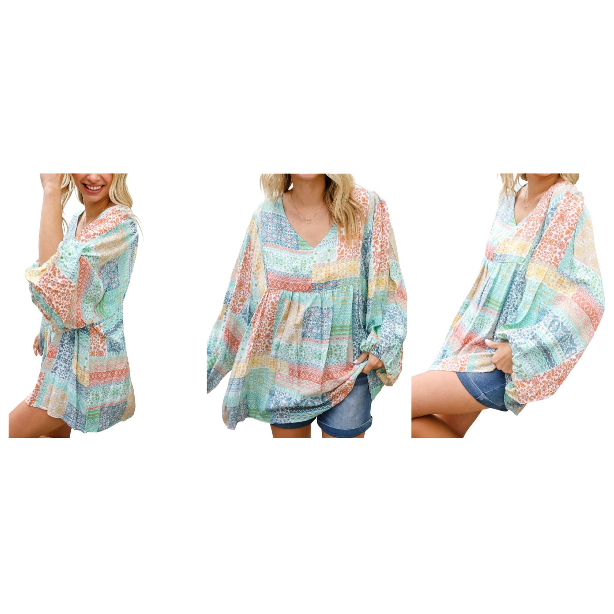 MINT PEACH BOHEMIAM PRINTED PATCHWORK 3/4 BUBBLE SLEEVE VNECK TOP- PLUS- SALE- 1X & 2X AVAILABLE