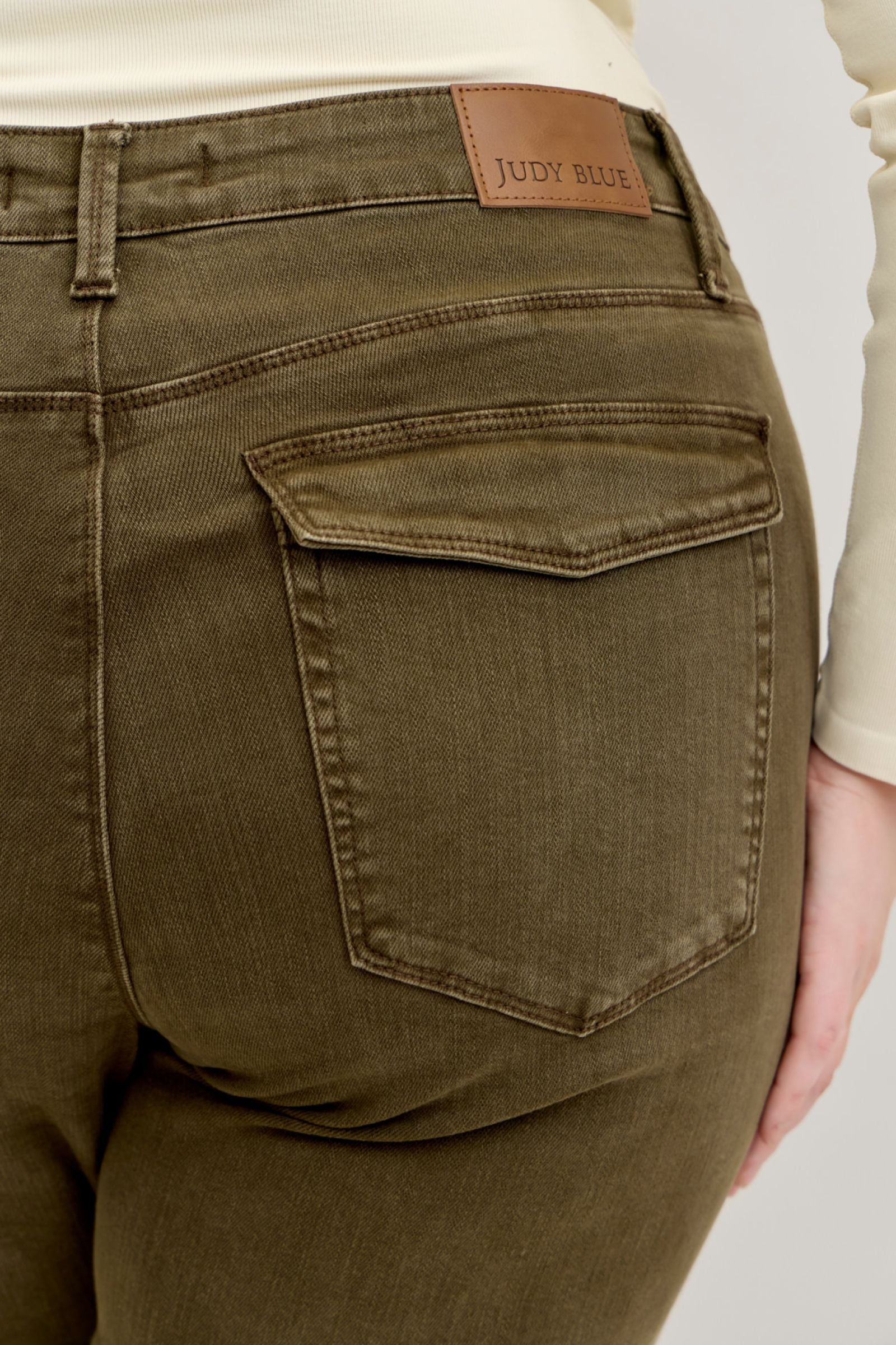 DARK FOREST GREEN HIGH WAIST AURORA WEEKENDER GARMENT DYED CUFFED JUDY BLUE DENIM-PLUS